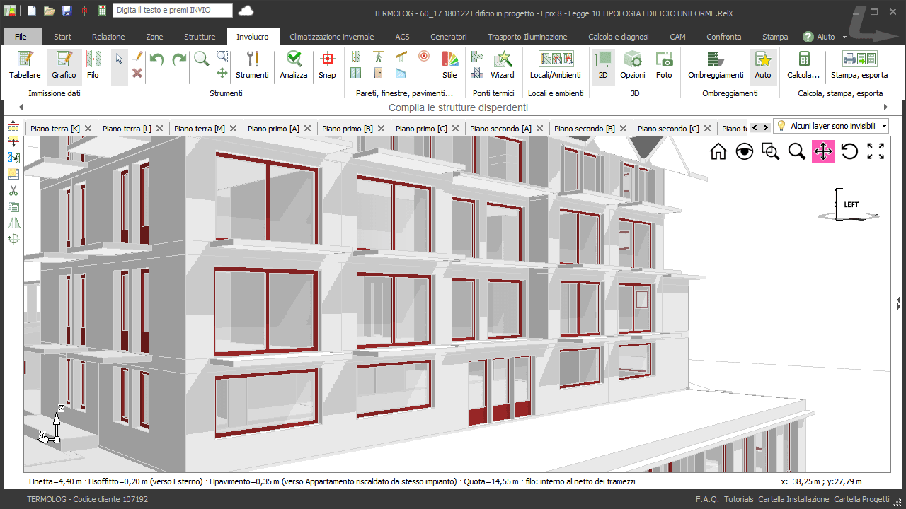 Modello di TERMOLOG: dettaglio dei serramenti e delle ombre proiettate con visualizzazione architettonica - Studio Termotecnico Paolo Schivalocchi