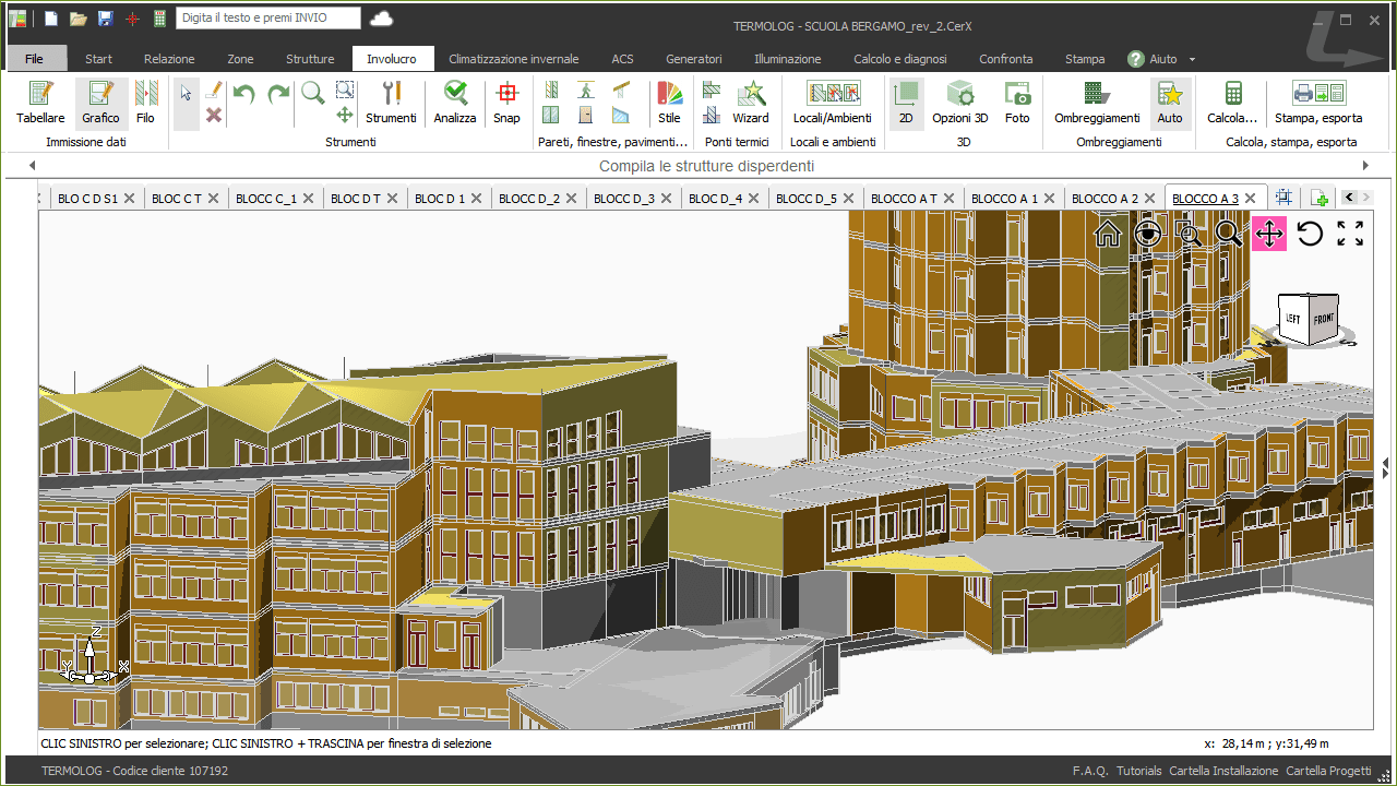 Modello di TERMOLOG: dettaglio della facciata Sud Ovest con visualizzazione per coefficienti di assorbimento - Geom. Guizzetti Roberta 